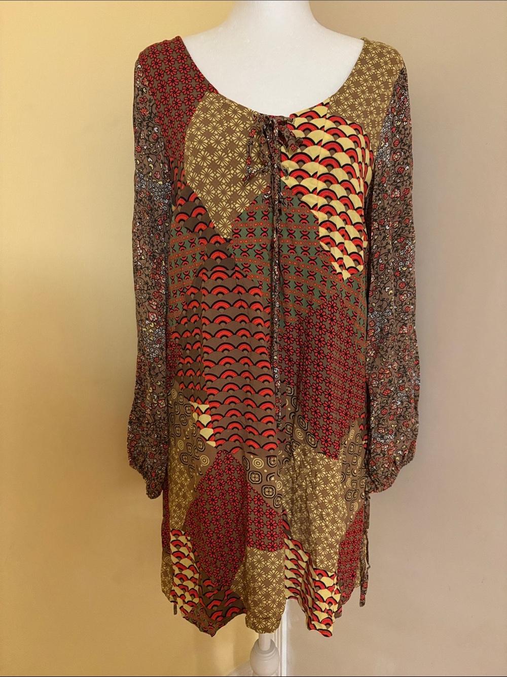 Bohemian Patchwork Print Long-Sleeve Dress in Red and Brown XL